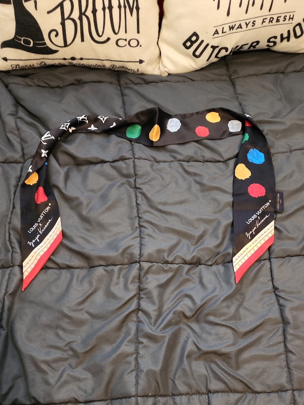 Louis Vuitton Yayoi Kusama Black Silk Twilly Scarf with Multicolor Polka Dots